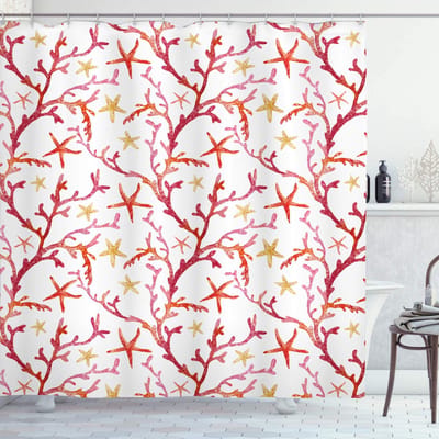 ABAKUHAUS Nautisch Douchegordijn – Koraal, Krabben en Schelpen – 175x180 cm, Wit en Multicolor