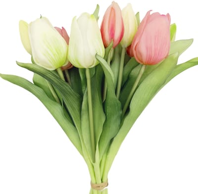 Dailygoods - duoyif Kunsttulpen, boeket bloemen met 6 tulpen en 4 edelstenen, nep tulp voor lente thuis bruiloft decoratie, echte touch tulp (kleur: roze wit)