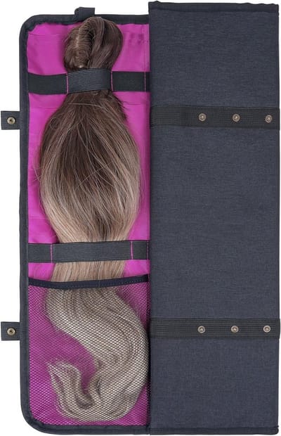 Haarverlengingshanger met opbergtas, draagbare reishaarhouder voor 4 volle haren, 27,1-inch bundeltas met haken voor haaraccessoires en opslag (paars)