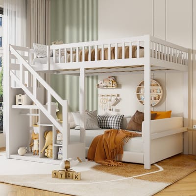 Kinderbed met opklapbed 90x200 cm, kinderbed met valbeveiliging, trapje, opbergruimte, stapelbed, massief hout, exclusief matras（Verzonden in 2 aparte pakketten）