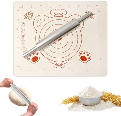 Deegroller van roestvrij staal, 43 cm deegroller + 50 x 40 cm siliconenmat, deegroller roestvrij staal, anti-aanbaklaag, bakaccessoires voor pizza, fondant, pastadeeg, pastadeeg (1 set)