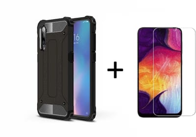 Ntech Hoesje Geschikt Voor Samsung Galaxy A50 Armor Hoesje - Zwart + Tempered glass