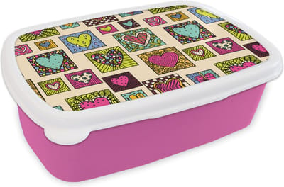 Broodtrommel Roze - Lunchbox - Brooddoos - Bohemian - Hartjes - Doodle - Patronen - 18x12x6 cm - Kinderen - Meisje