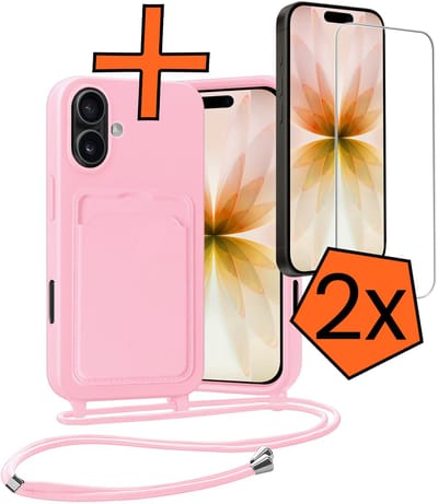 Hoesje Geschikt voor iPhone 17 Hoesje Met Telefoonketting Pasjeshouder Case Met 2x Screenprotector Koord - Hoesje Geschikt voor iPhone 17 Hoes Met Kaarthouder - Lichtroze
