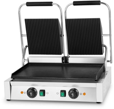VERTES Dubbele Contact Grill, Gietijzeren Grillplaat (Gegrilde Bovenkant/Platte Onderkant), 3600 W, Commerciële Multigrill voor Flatbread, Vlees, Groenten, Sandwiches, Roestvrijstalen Behuizing, Instelbaar 0-300 °C, Teflon Coating