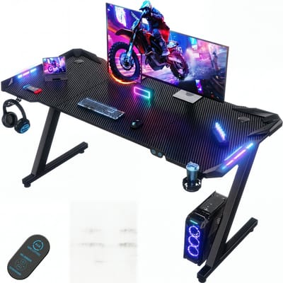 Devoko Gaming Bureau 140x60x75 cm - Carbon Look Bureau met LED Verlichting en Touch-bediening - 100 kg Draagvermogen - Bekerhouder en Koptelefoonhaak - Zwart