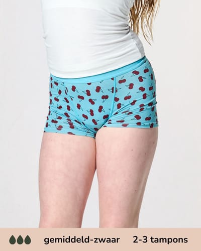 Moodies menstruatie ondergoed tiener - Bamboe Boyshort - gemiddeld-zwaar kruisje - maat 140-146 (XXS) - print kersen