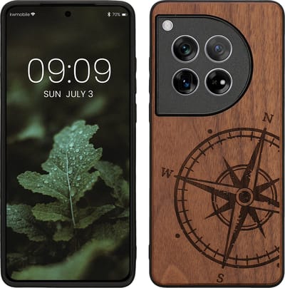 kwmobile telefoonhoesje geschikt voorOnePlus 12 - Hoesje met bumper - hout - In donkerbruin Vintage Kompas design