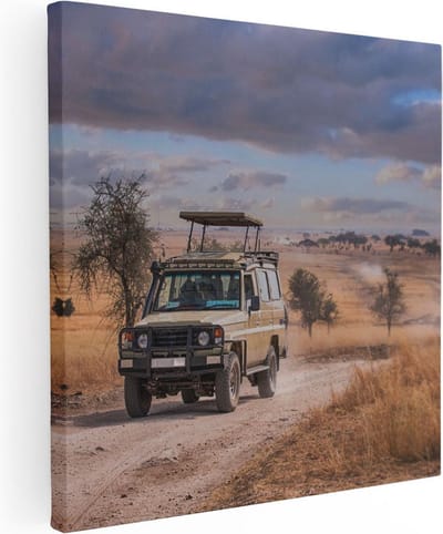 Artaza Canvas Schilderij Safari Jeep - 30x30 cm - Klein - Wanddecoratie Afrika - Muurdecoratie Landschap - Kamer Accessoires Natuur