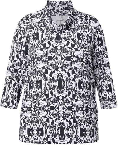 Ulla Popken - Dames - Shirt katten classic watervalkraag 3/4-arm - Zwart - Maat 42+
