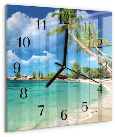 Tulup Wandklok - Strandpalmbomen Gekleurde Glazen Klok - 30x30 cm - Groente Glazen Klok Met Print - Zwarte Handen - Vierkante Wandklok - Decoratieve Glazen Klok - Glazen Wandklok Design