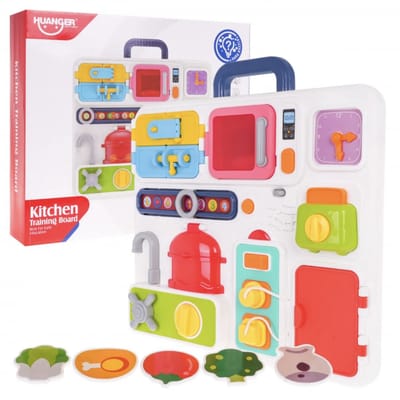 Playos® - Activiteitenbord - Keuken - Wit / Blauw - 33 x 29 cm - Manipuliation Board - Sensorisch Speelgoed - Rollenspel