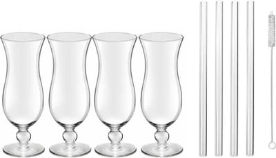 4x Cocktailglazen / Blue Hawaii glazen transparant 440 ml - Inclusief 4x glazen herbruikbare rietjes