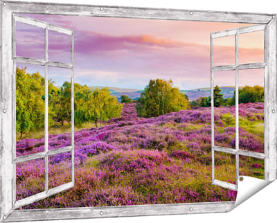Gards Tuinposter Doorkijk Paarse Weide - 150x100 cm - Tuindoek - Tuindecoratie - Wanddecoratie buiten - Tuinschilderij