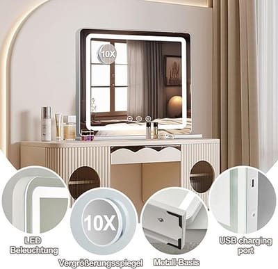 Hollywood Make-upspiegel 80 x 55 cm met verlichting, 3 Lichtkleuren, Aanraakbediening Hollywood Spiegel met USB-poort voor Slaapkamer Kaptafel of Wandmontage