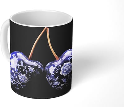 Mok - Koffiemok - Porselein- Kersen - Delfts - Blauw - Mokken - 350 ML - Beker - Koffiemokken - Theemok