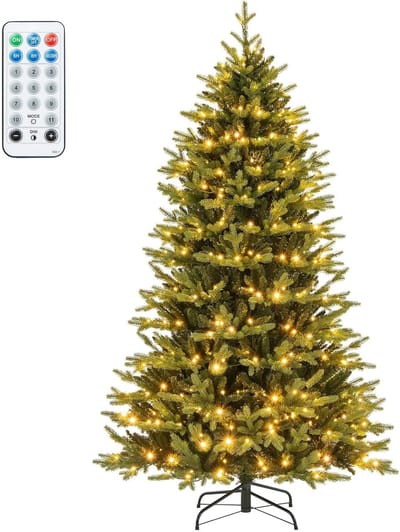 COSTWAY Kunstkerstboom van 210 cm met verlichting, dennenboom met 11 verlichtingsmodi, 3 automatische timers, 4-traps helderheid en afstandsbediening, kerstboom, kunstboom Kerstmis, groen
