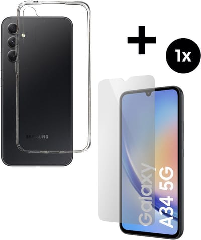 Mobiparts Classic TPU hoesje geschikt voor Samsung Galaxy A34 (2023) 5G met 1 Screenprotector van Gehard Glas - Transparant
