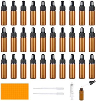 PromoHome 30 Stuks Mini Pipetfles Set - 5ml Amber Glazen Druppelflessen met Pipetten en Spuit - Herbruikbare Pipetflessen voor Etherische Oliën, Parfums en Vloeistoffen