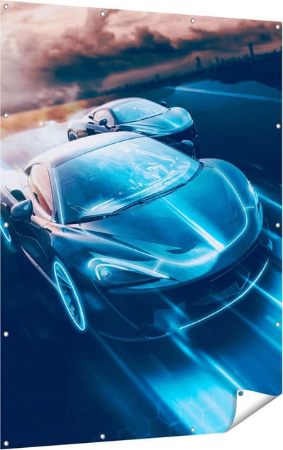 Gards Tuinposter Twee Raceauto's - Abstract - 120x160 cm - Tuindoek - Tuindecoratie - Wanddecoratie buiten - Tuinschilderij