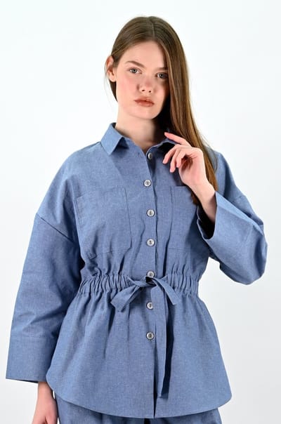 YesMooi - Denim Look Overhemdblouse met Strikceintuur - S (36) - %100 Katoen