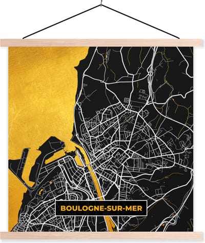 Posterhanger incl. Poster 40x40 cm - Schoolplaat - Frankrijk - Stadskaart - Boulogne-sur-Mer - Plattegrond - Kaart - Textielposter - Blanke latten - Stadskaart