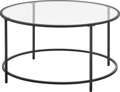 VASAGLE Bijzettafel rond, salontafel, glazen tafel met metalen frame, gehard glas, nachttafeltje, sofatafel, voor balkon, zwart LGT021B01