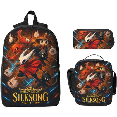 3 Stuks Hollow Knight Silksong Merchandise Rugzak Set voor Jongen Meisje Pennen Etuis Boekentassen Sets met Lunchbox Voor School Leerlingen Rugzak black