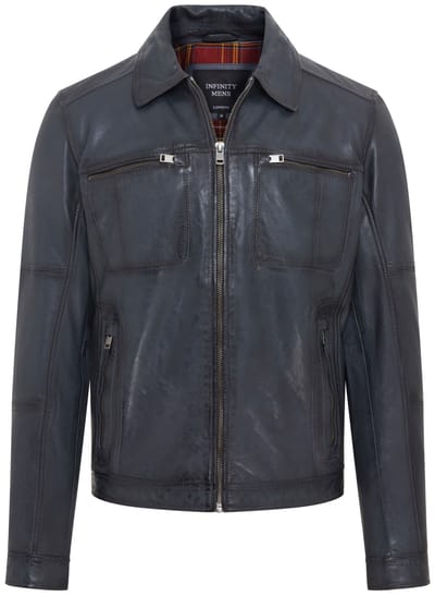 Heren Blauw Klassiek Leren Bikerjack - Bettles