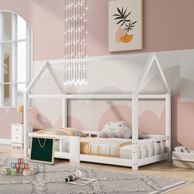 Kinderbed Huisbed 90x200 cm, Houten Bed voor Kinderkamer inclusief Bord, Lattenbodems, Valbeveiliging, van Grenen Hout, Wit (Zonder Matras)