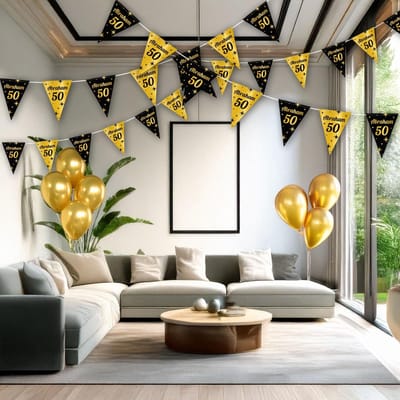 Abraham Slinger - Verjaardag Decoratie - Vijftig Jaar Feest - Herbruikbaar Materiaal - 10 Meter Lang - Goud Zwart