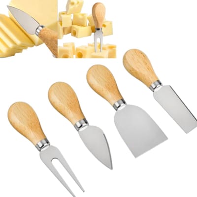 4-delige set Kaasmessenset - Comfortabel houten handvat - Botermes - Pizzasnijder - 4,7*2*13 cm - Geschikt voor thuisgebruik, het maken van cheesecake of als cadeau voor vrienden en familie - Zilveren houten handvat.