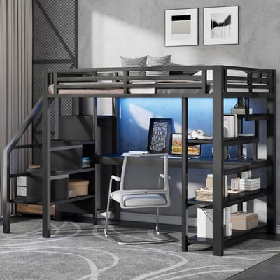 HAUSS SPOLE Metalen Hoogslaper 140x200cm - Met Trap En Open Kledingrek - Met Bureau, Opbergvakken, Ledverlichting En Laadstation - Zonder Matras - MDF Metaal - Zwart