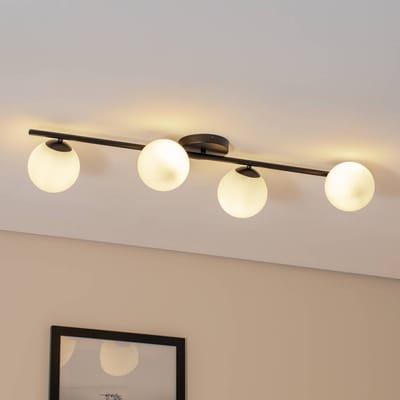 Euluna Plafondlamp Glassy, 4-lamps, lineair, zwart/opaal
