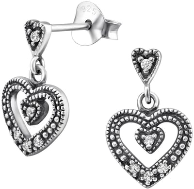 Joy|S - Zilveren hartje bedel oorbellen - 8 x 13 mm - geoxideerd - zirkonia