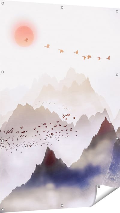 Gards Tuinposter Bergenlandschap met een Boom - Abstract - 100x150 cm - Tuindoek - Tuindecoratie - Wanddecoratie buiten - Tuinschilderij