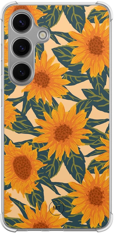 Hoesje (shockproof) geschikt voor Samsung Galaxy S24 - Zonnebloemen - Extra sterke case - TPU/polycarbonaat - Bloemen - Oranje, Transparant