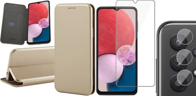 Hoesje geschikt voor Samsung Galaxy A13 4G - Book Case Kunstlederen Wallet Cover Minimalistisch Pasjeshouder Hoes Goud - Tempered Glass Screenprotector - Camera Lens Protector