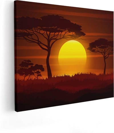 Artaza Canvas Schilderij Zonsondergang Afrika - 50x40 cm - Wanddecoratie Silhouet Bomen - Muurdecoratie Savanne - Kamer Accessoires Natuur