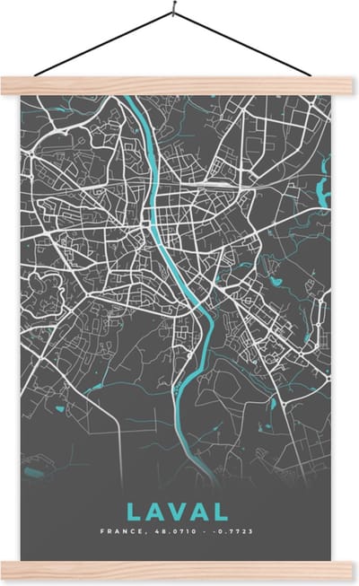Posterhanger incl. Poster 40x60 cm - Schoolplaat - Laval - Frankrijk - Kaart - Stadskaart - Plattegrond - Textielposter - Blanke latten - Stadskaart