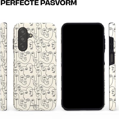 Casetastic hoesje geschikt voor Samsung Galaxy A26 - Dubbellaagse bescherming - Art Deco Creme Abstractie Lijntekening Gezichten - Fashion Case - Zilver Crème Wit