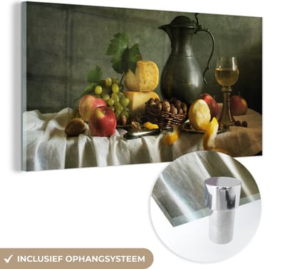 MuchoWow® Glasschilderij 120x60 cm - Schilderij acrylglas - Rustiek - Kaas - Theekan - Fruit - Stilleven - Foto op glas - Schilderijen