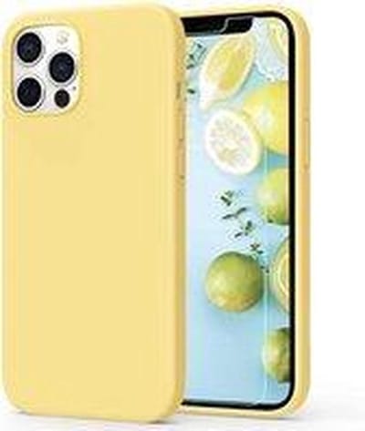 HB Hoesje en Glas Geschikt voor Apple iPhone 12 Pro Max - Geel - Siliconen Back Cover + 1x Glazen Screenprotector