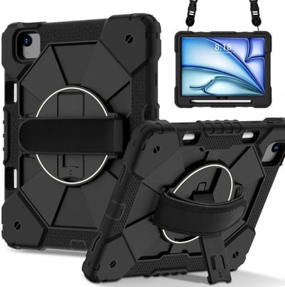 Hoes Geschikt voor Apple iPad Air 13 (2024/2025/2026) - Back Cover met Handriem - 360° Draaibare Kickstand Standaard - Beschermhoes Zwart