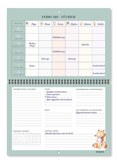 Brepols agenda 2027 - GEZINSKALENDER [1.865] - 6 personen - 1 week op 2 pagina's - Weekoverzicht - Wire-O - Groen - 31 x 22 cm