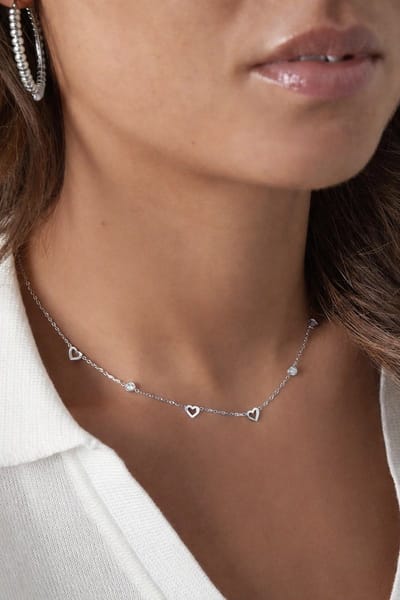 Ketting met hart en diamant bedels - roestvrij staal