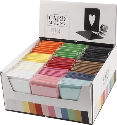 Kaarten en enveloppen, afmeting kaart 10,5x15 cm diverse kleuren, 12x10 doos