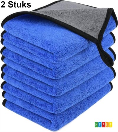 *** 2x Premium Microvezel Auto Droogdoek - 40cm x 40cm - Groot Poetsdoek - Watermagneet – Blauw/zwart - van Heble® ***