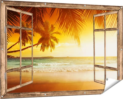 Gards Tuinposter Doorkijk Tropisch Strand tijdens Zonsondergang - 150x100 cm - Tuindoek - Tuindecoratie - Wanddecoratie buiten - Tuinschilderij