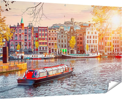 Gards Tuinposter Amsterdamse Huisjes vanaf de Grachten - 180x120 cm - Tuindoek - Tuindecoratie - Wanddecoratie buiten - Tuinschilderij